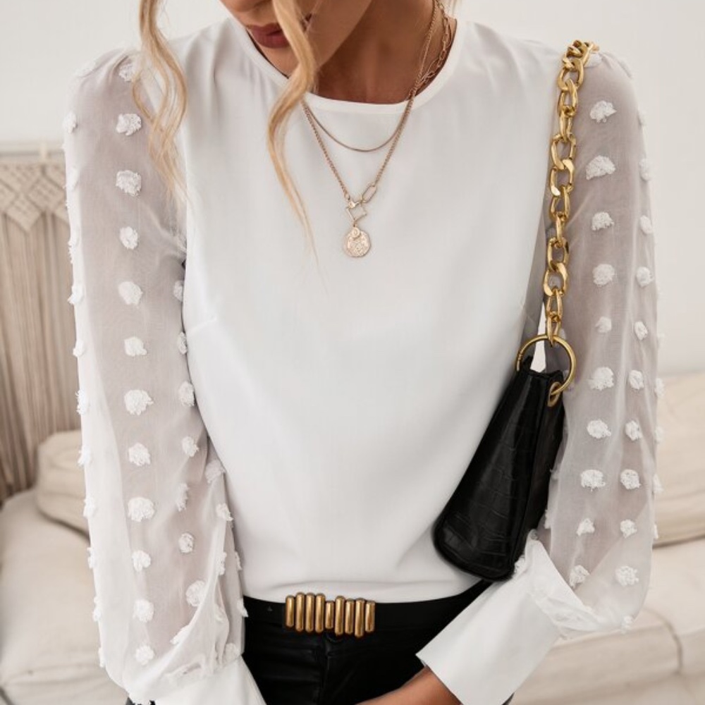 Black Swiss Dot Sheer Sleeve Chic Blouse Work Minimalist - Picture 4 of 7